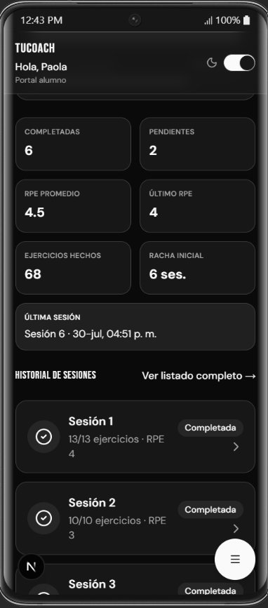 Vista de seguimiento del alumno en TuCoach