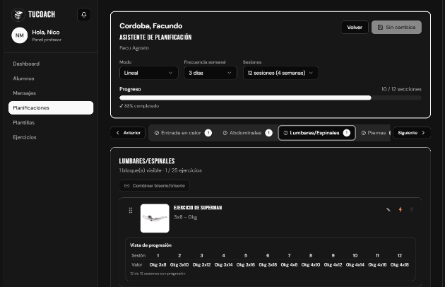 Asistente de planificación lineal del profesor en TuCoach
