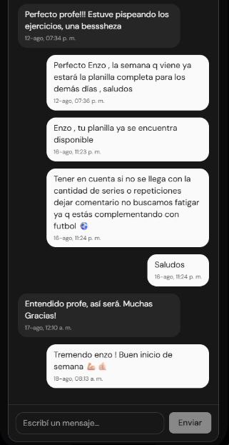 Chat integrado entre alumno y profesor en TuCoach